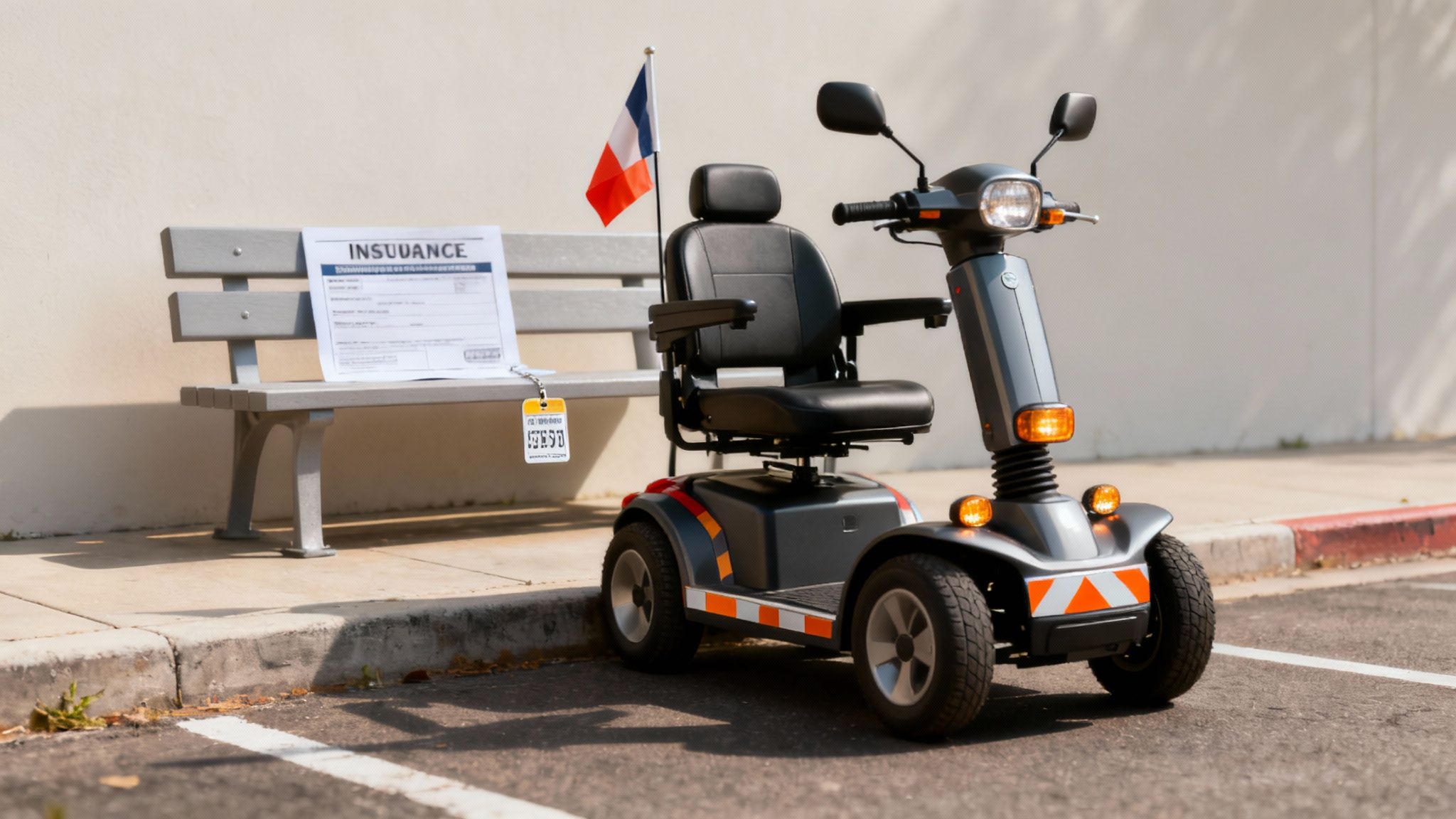 Mobility scooter parked on sidewalk with French flag and insurance documents on bench
