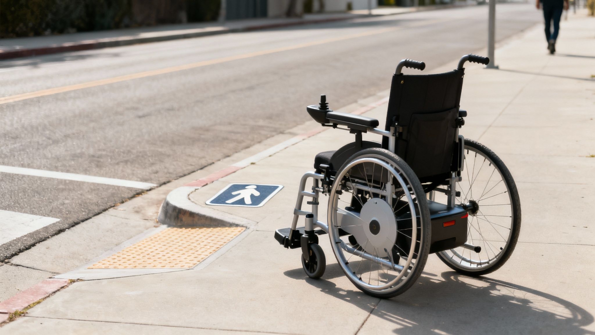 Woman in an electric wheelchair safely crossing a city street at a crosswalk