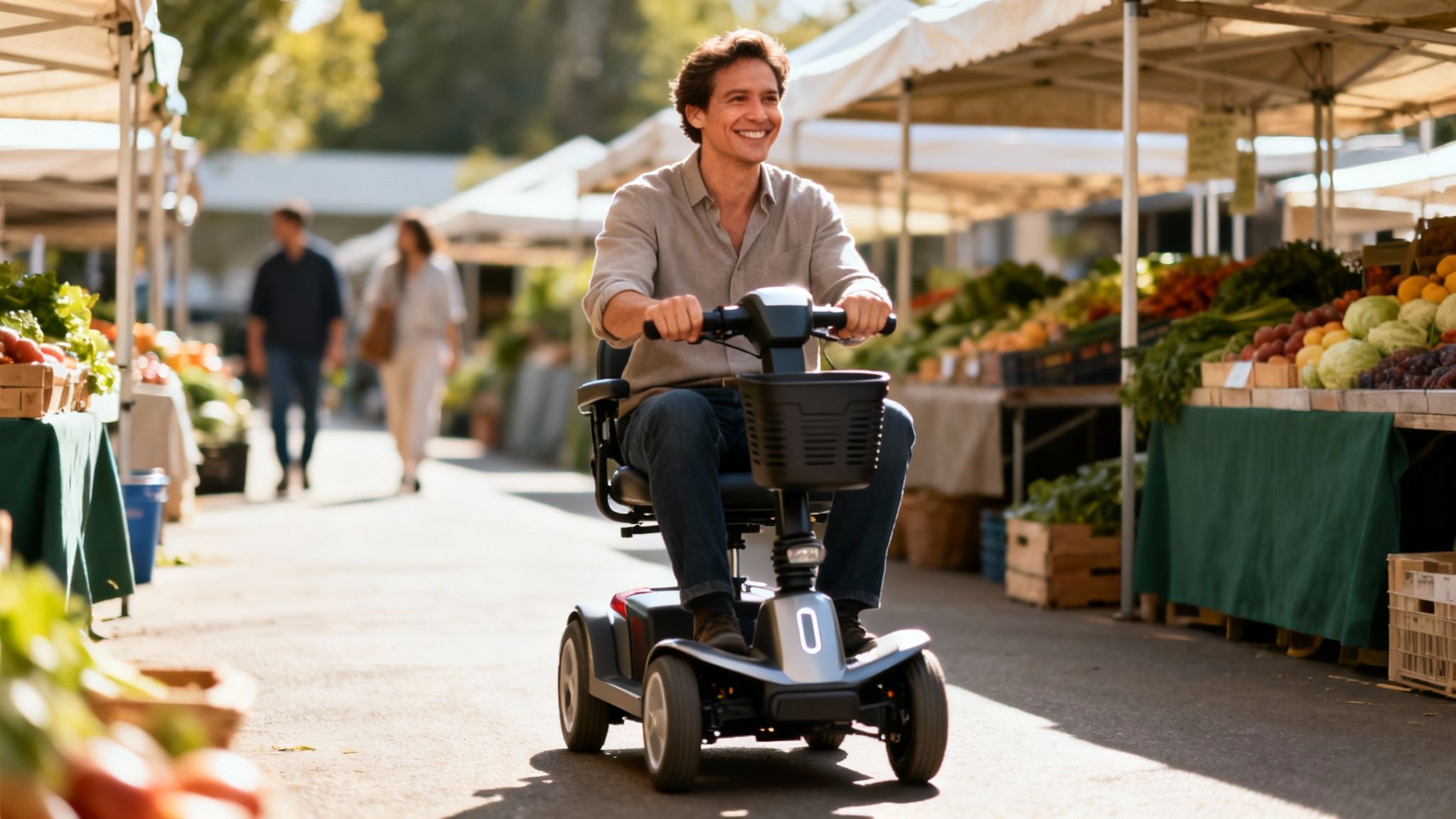 A happy man rides a modern mobility scooter through a vibrant outdoor farmers' market.