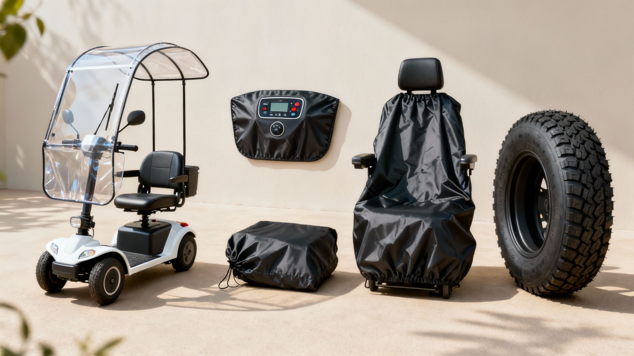 Mobility scooter with rain canopy and waterproof protective covers for all-weather use display