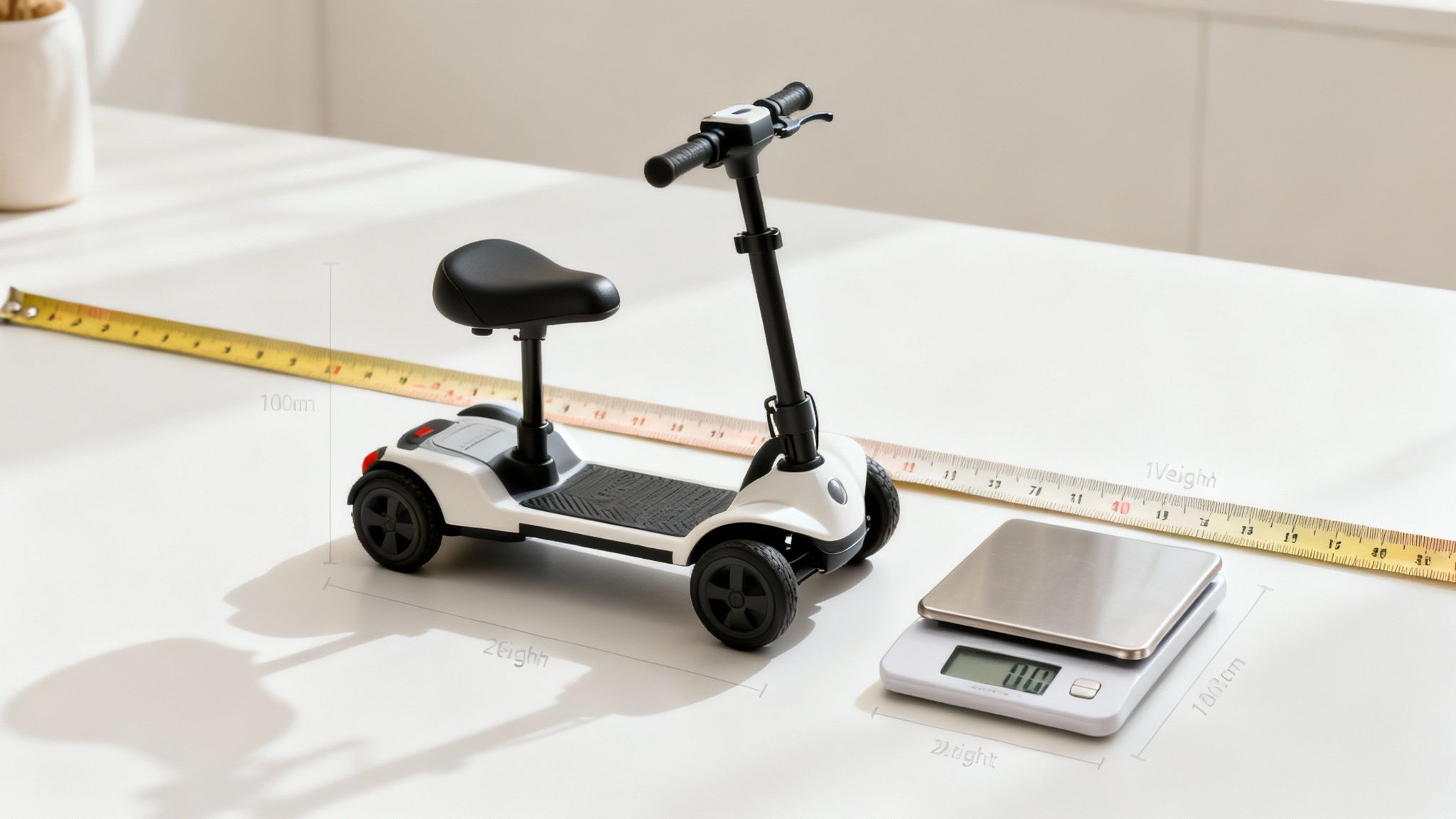 A miniature white mobility scooter model on a table with a measuring tape and a digital scale.