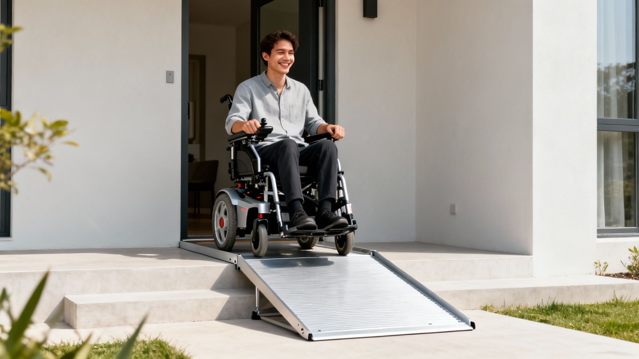 Smiling man in electric wheelchair uses an accessible ramp to exit a modern house.