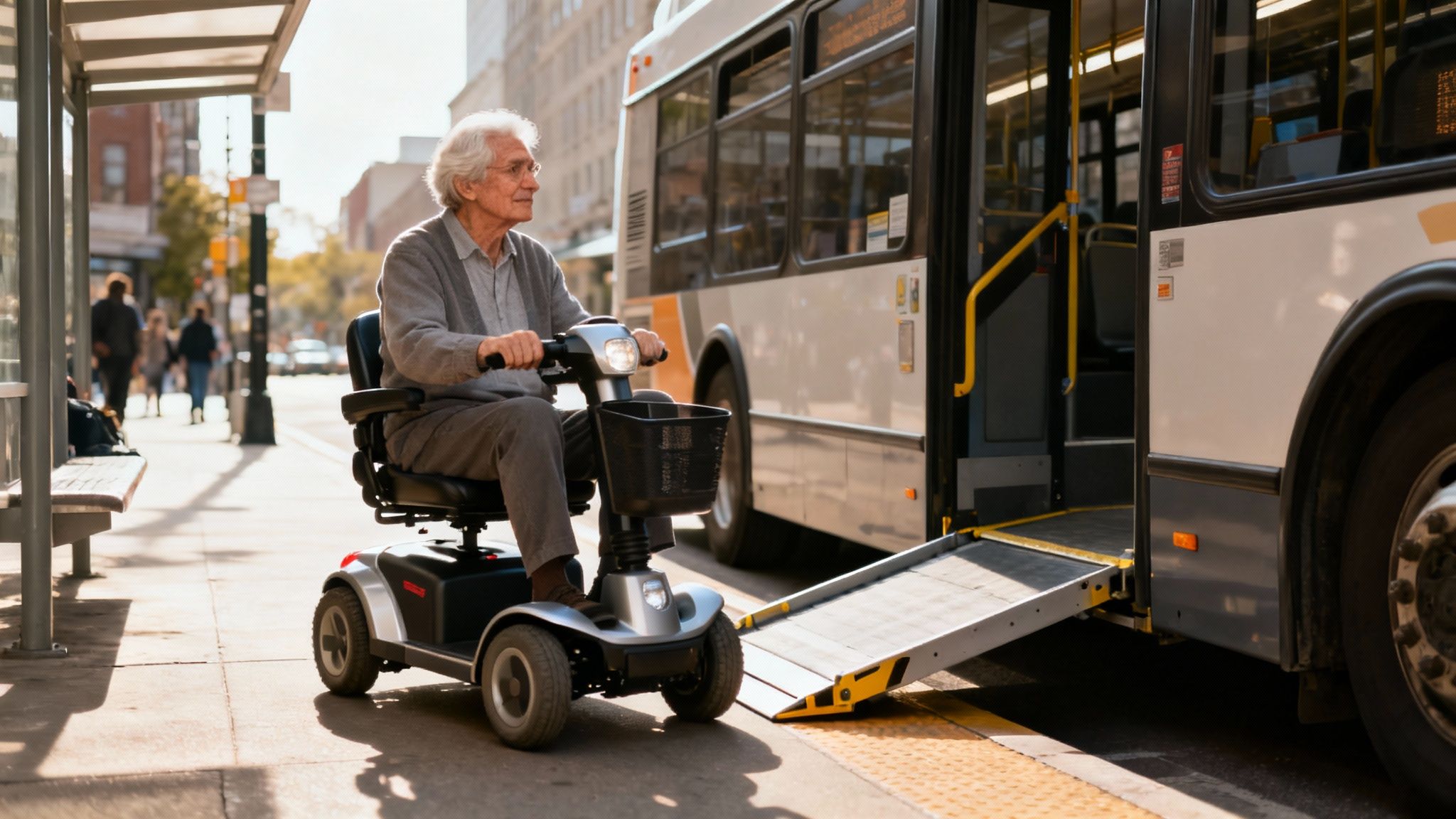 Senior man on a mobility scooter next to a bus with a deployed accessibility ramp.