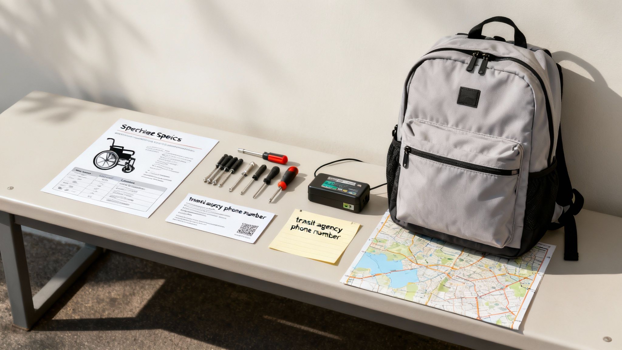 A grey backpack, various tools, electronic device, map, and documents are laid out on a bench.