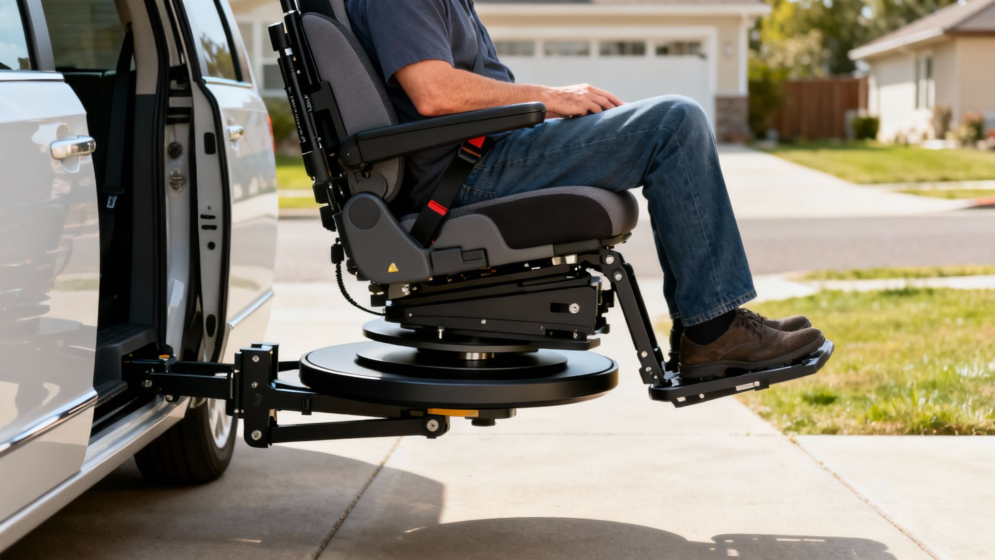 A man sits in a specialized car seat extended from a minivan, facilitating a transfer.