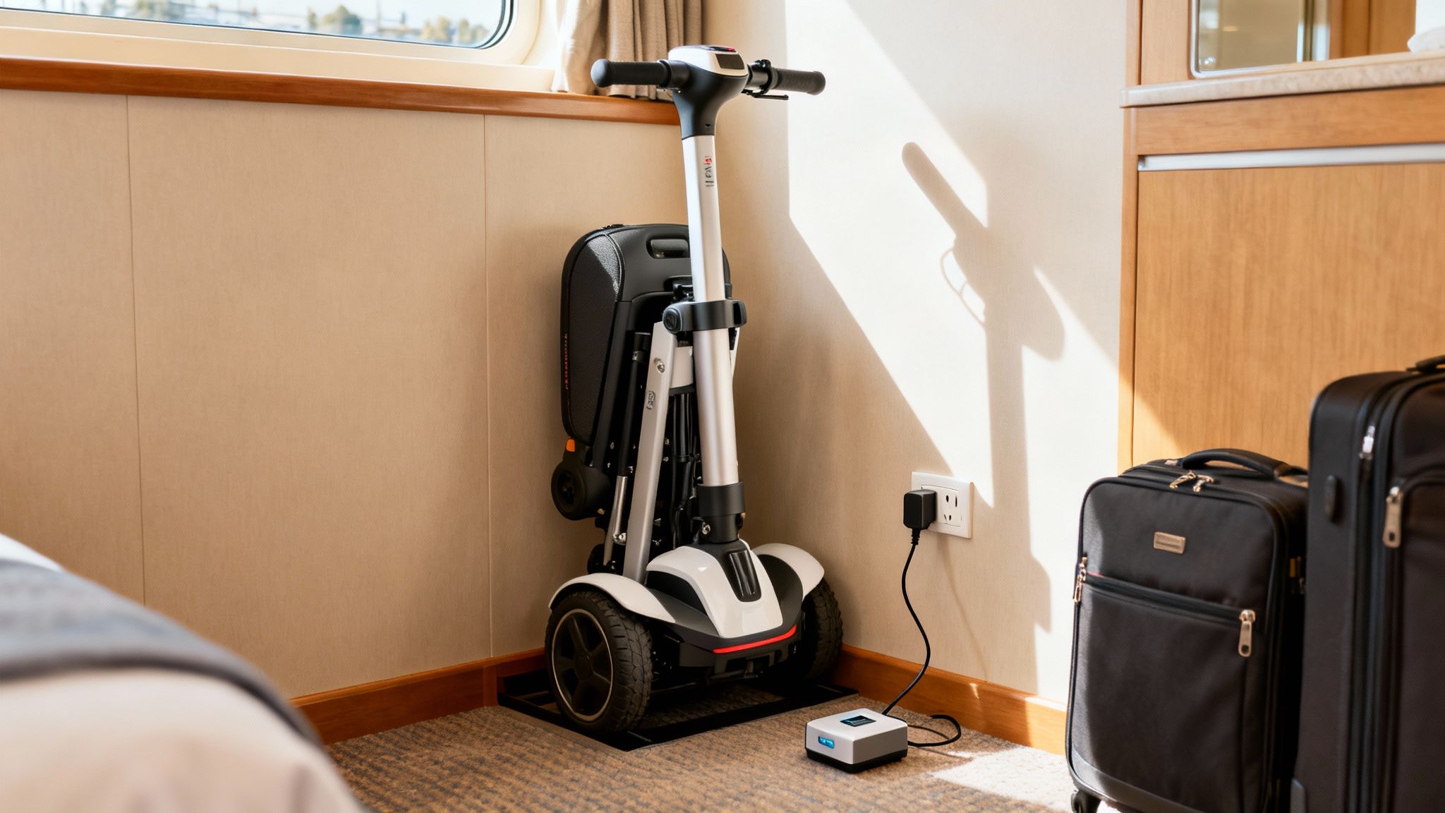 A compact, folded mobility scooter charging next to black luggage in a bright room.