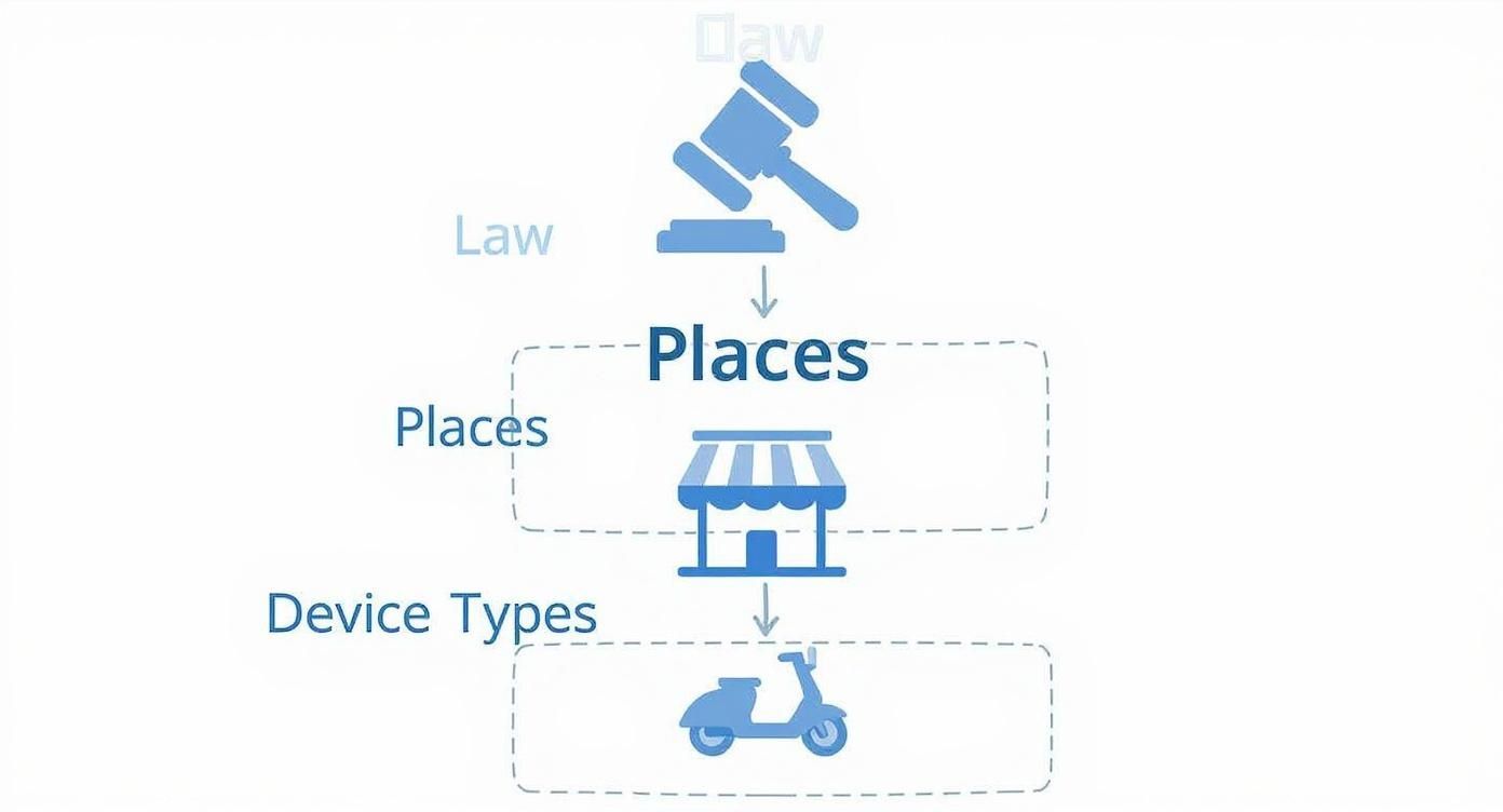 Hierarchical diagram showing law governing places and device types for mobility scooter regulations