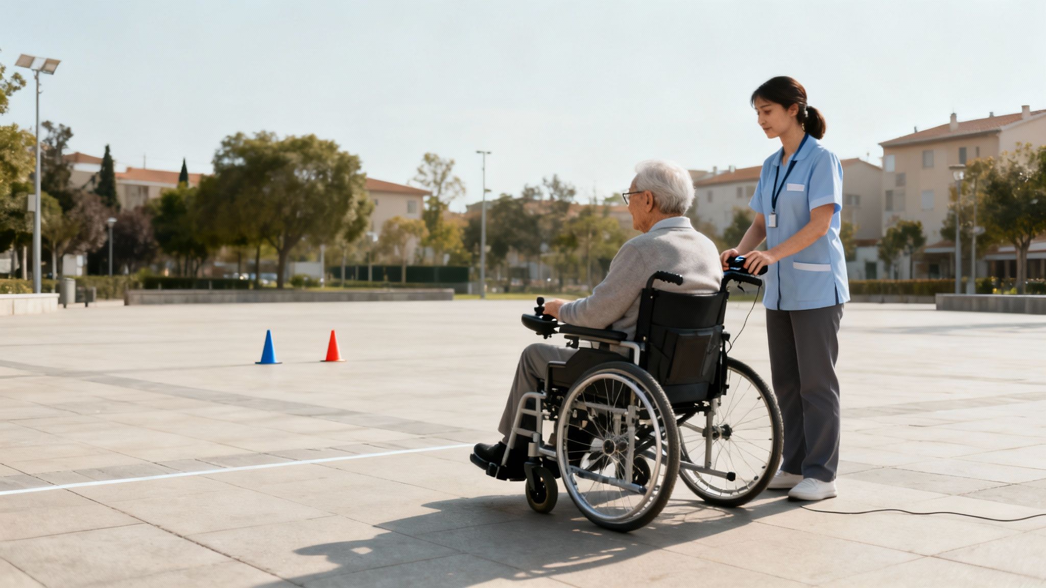 A man practices maneuvering his new electric wheelchair in an empty, sunny parking lot.