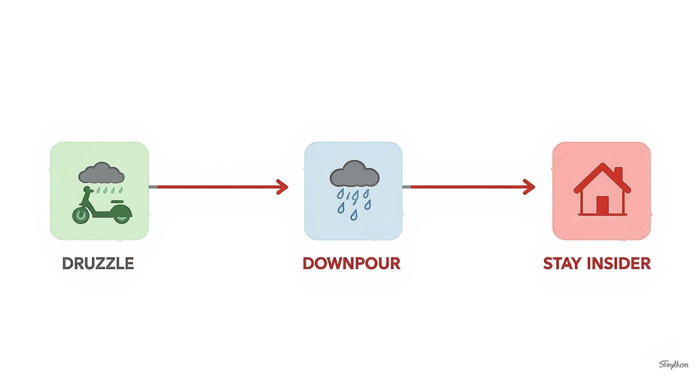 Rain weather progression diagram showing drizzle leads to downpour requiring staying indoors safely