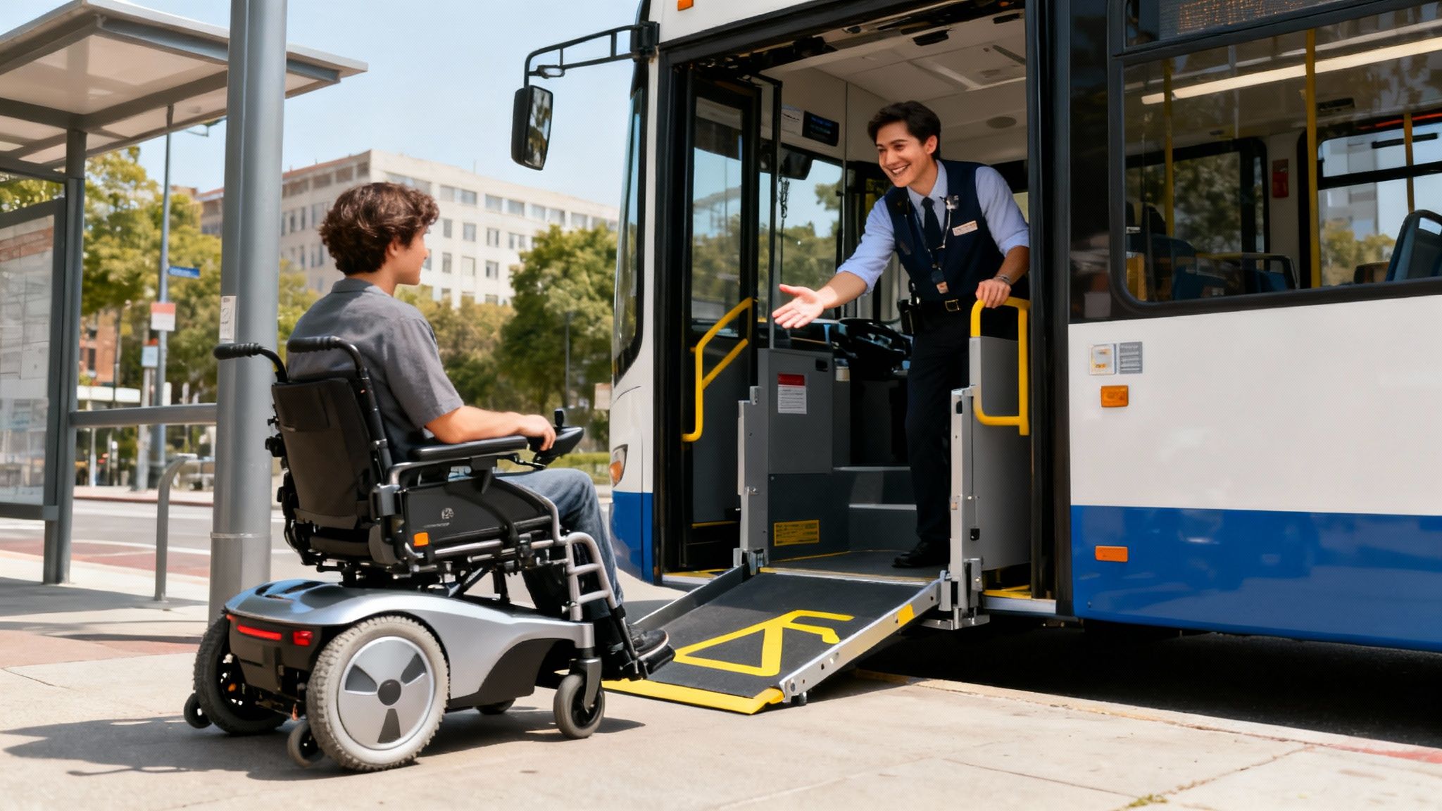 A bus driver welcomes a wheelchair user onto an accessible bus with a deployed ramp.