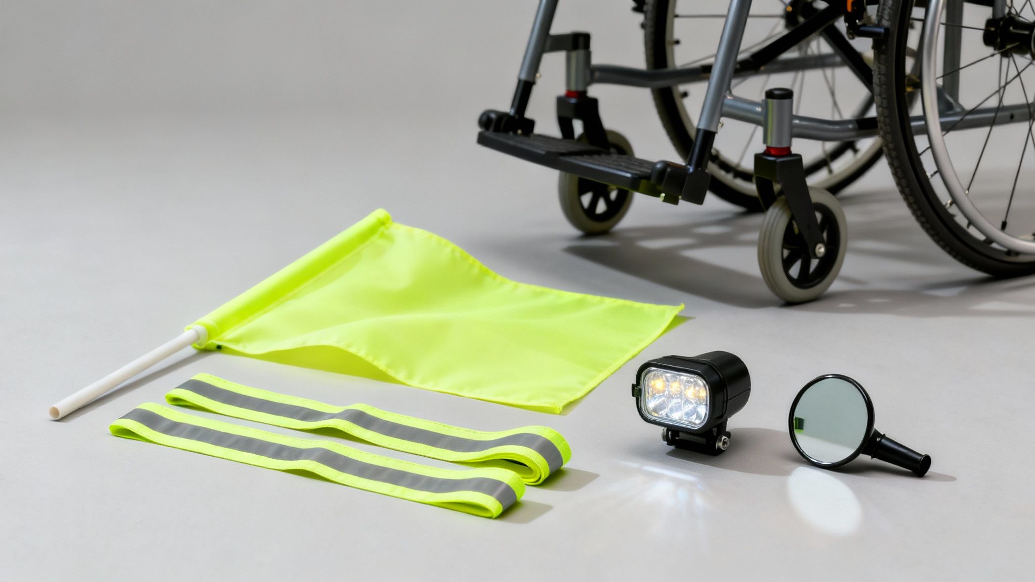 An electric wheelchair equipped with a safety flag, reflective tape, and lights.