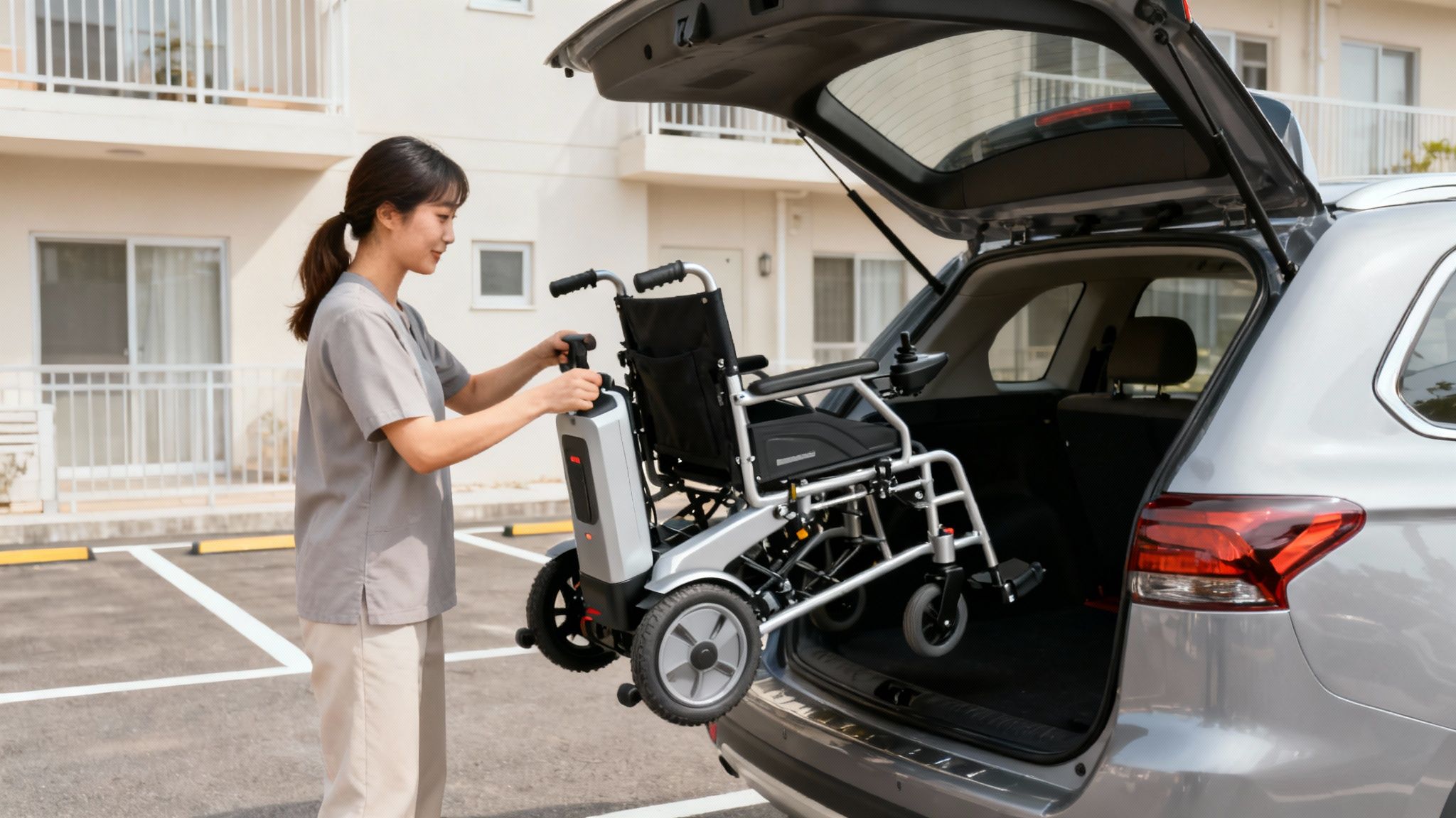 A lightweight, foldable electric wheelchair next to an open car trunk, ready for transport.