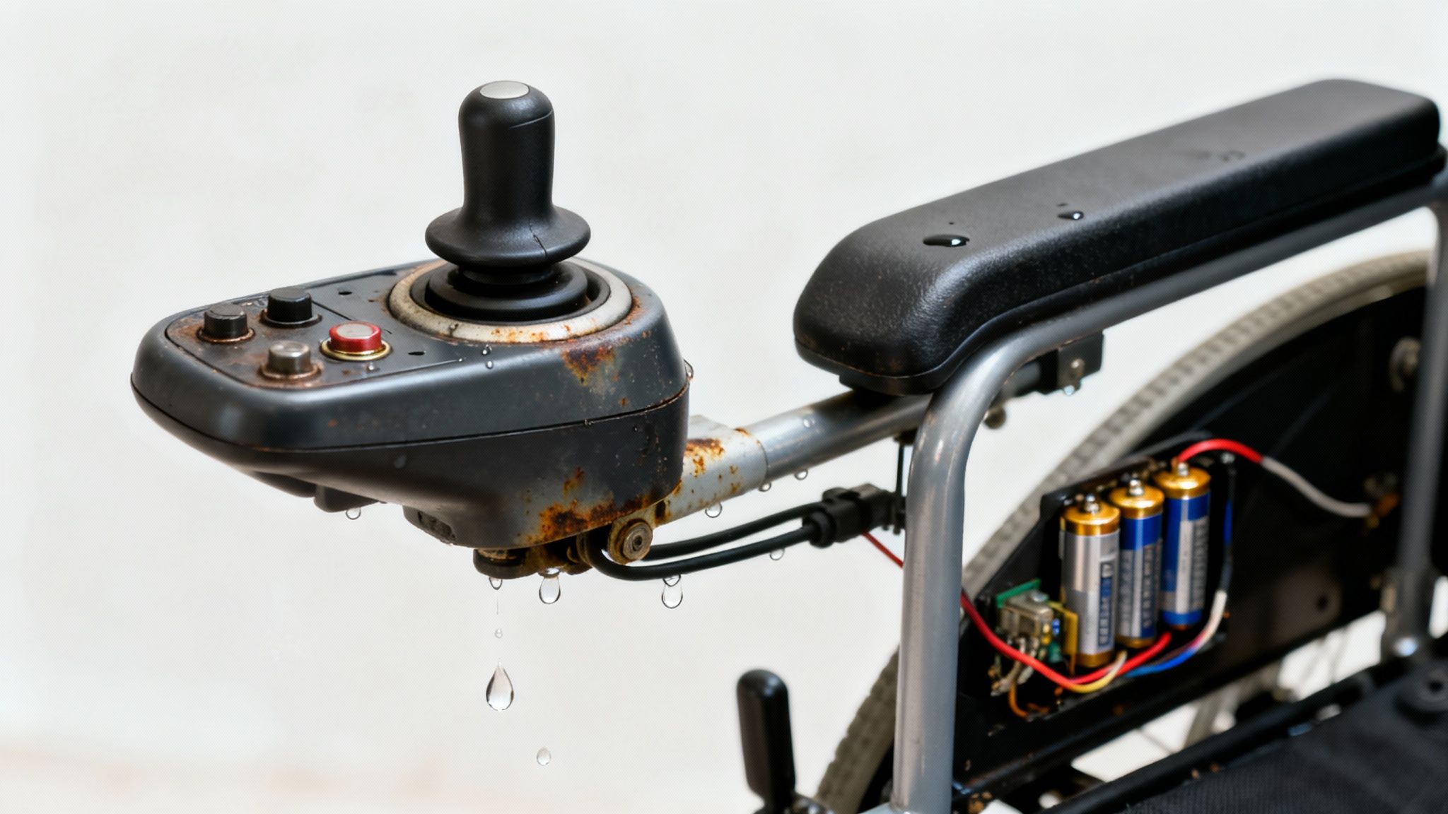 Damaged rusty joystick controller from electric wheelchair showing water damage and battery compartment exposed