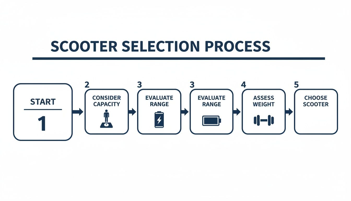 Flowchart illustrating the scooter selection process, detailing steps like considering capacity, evaluating range, and assessing weight.
