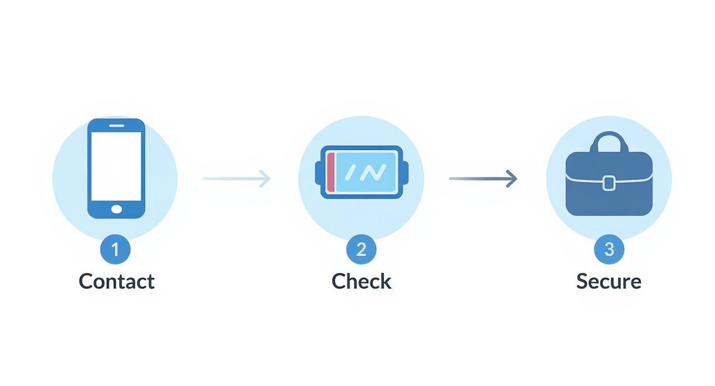 A visual three-step workflow: initial contact (smartphone), internal check, and finally, securing the result (briefcase).