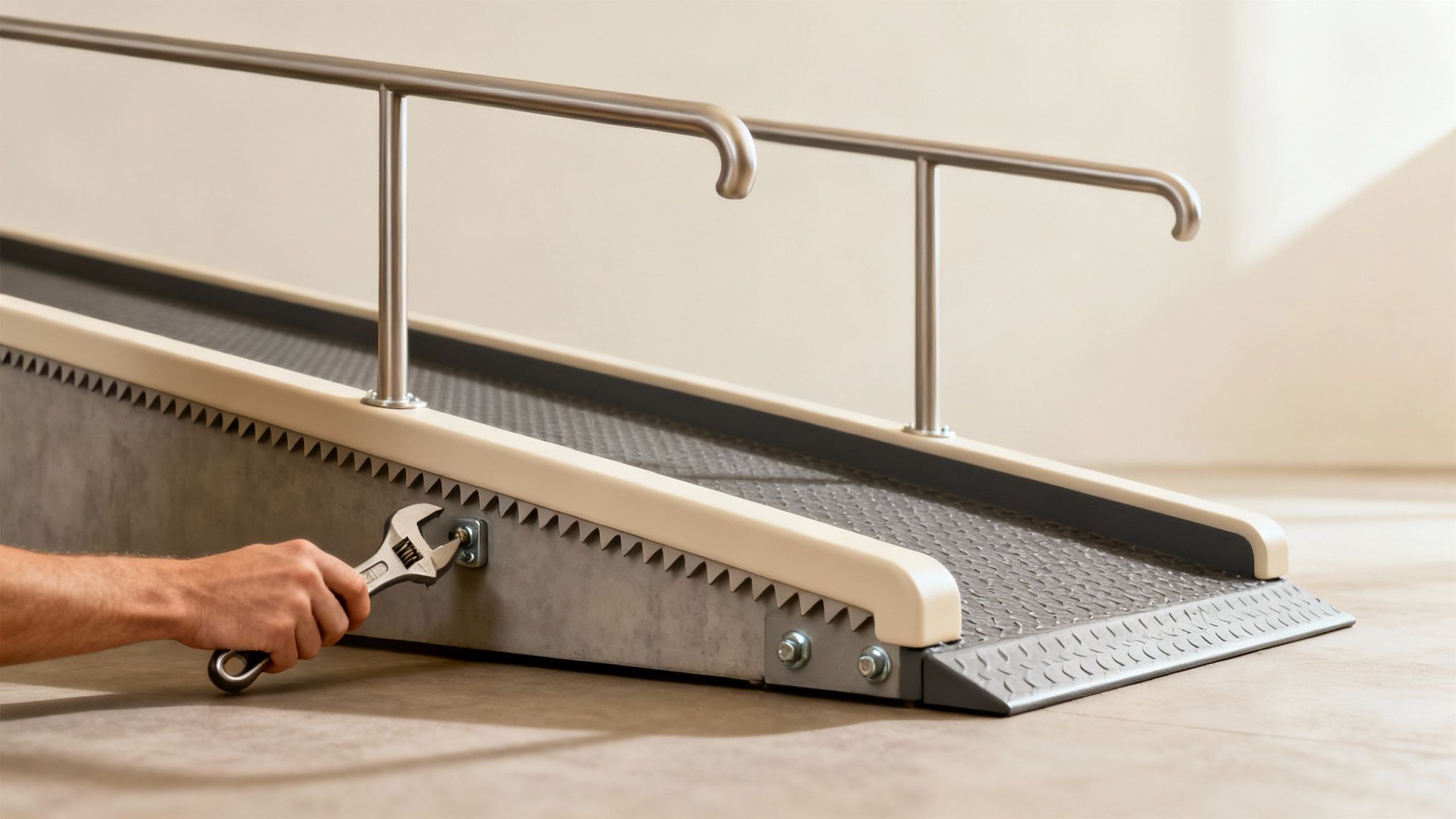 A close-up shot of an aluminum wheelchair ramp showing its non-slip textured surface and raised edge guards.