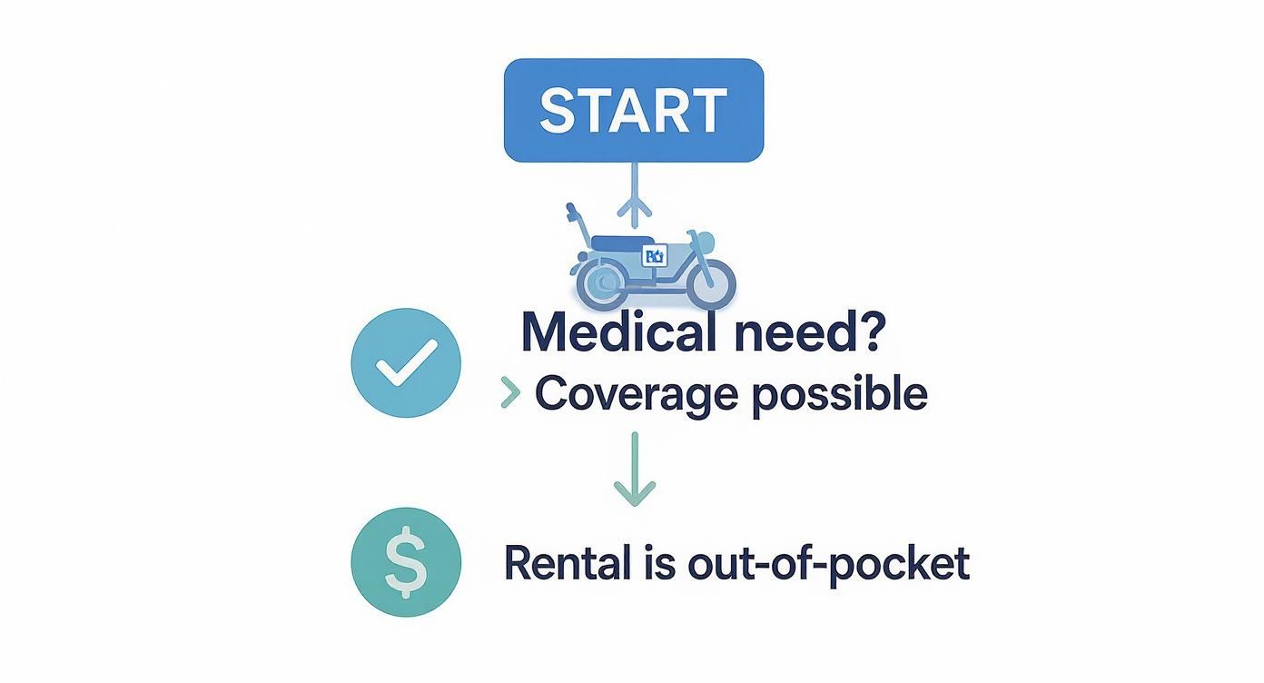Flowchart showing a mobility scooter rental process: Start, Medical need? Coverage possible (checkmark), Rental is out-of-pocket (dollar sign).
