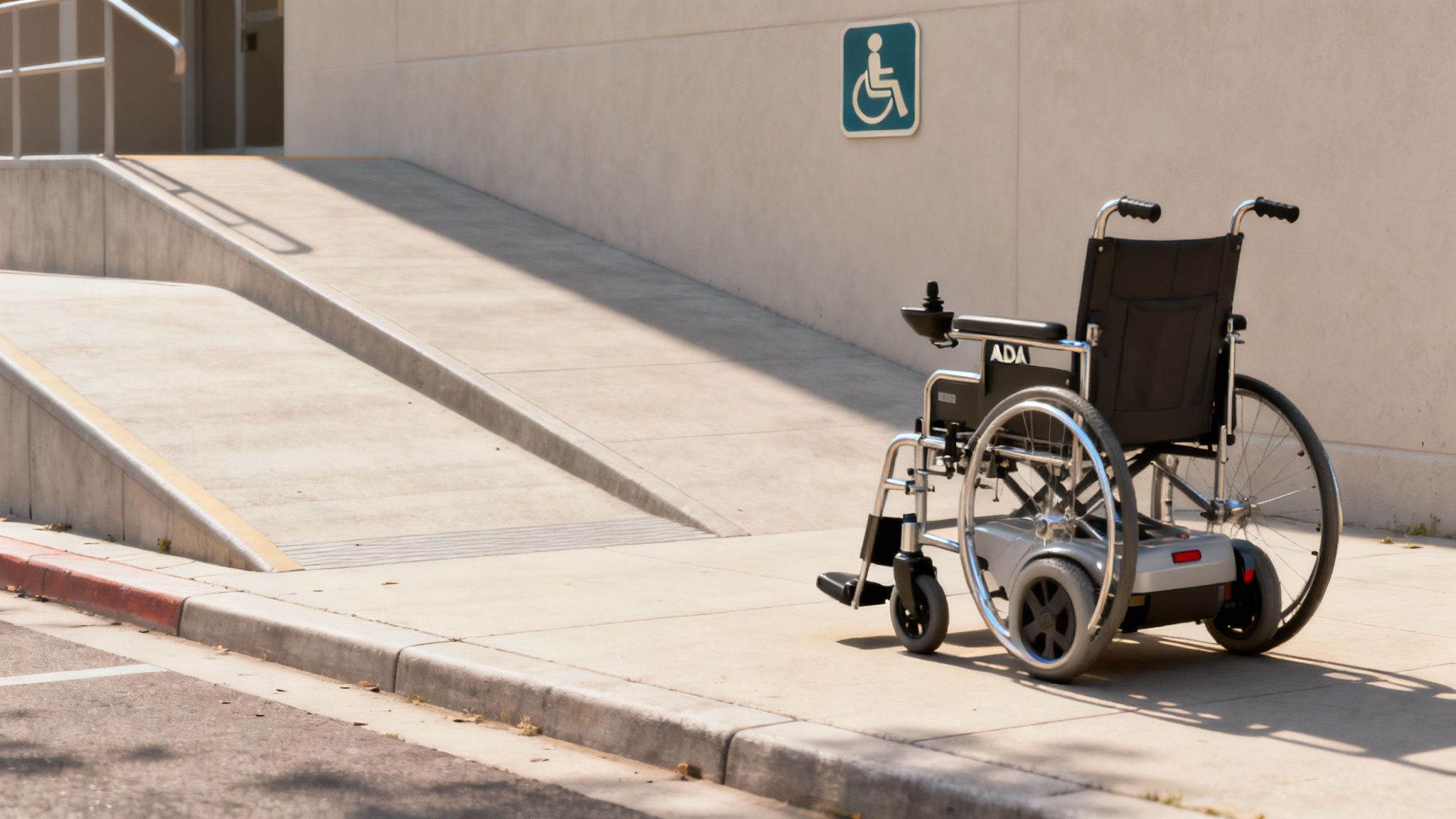 A group of friends, one using an electric wheelchair, enjoys a walk in a park.