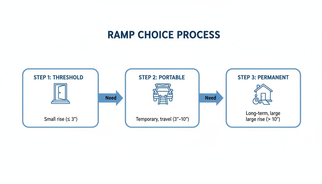 Flowchart detailing the ramp choice process for different rise requirements, from threshold to permanent.