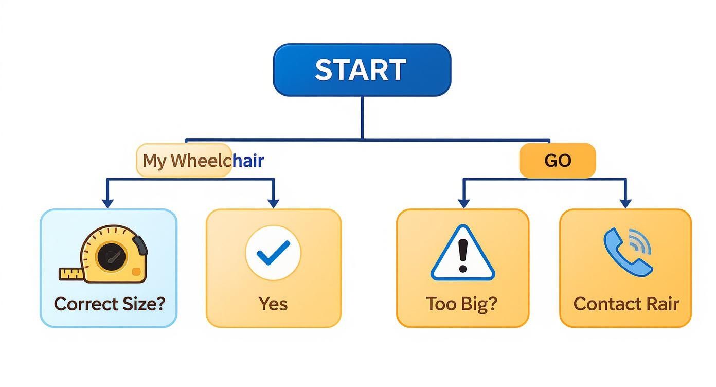 A flowchart illustrating decisions for wheelchair users regarding correct sizing and further actions.