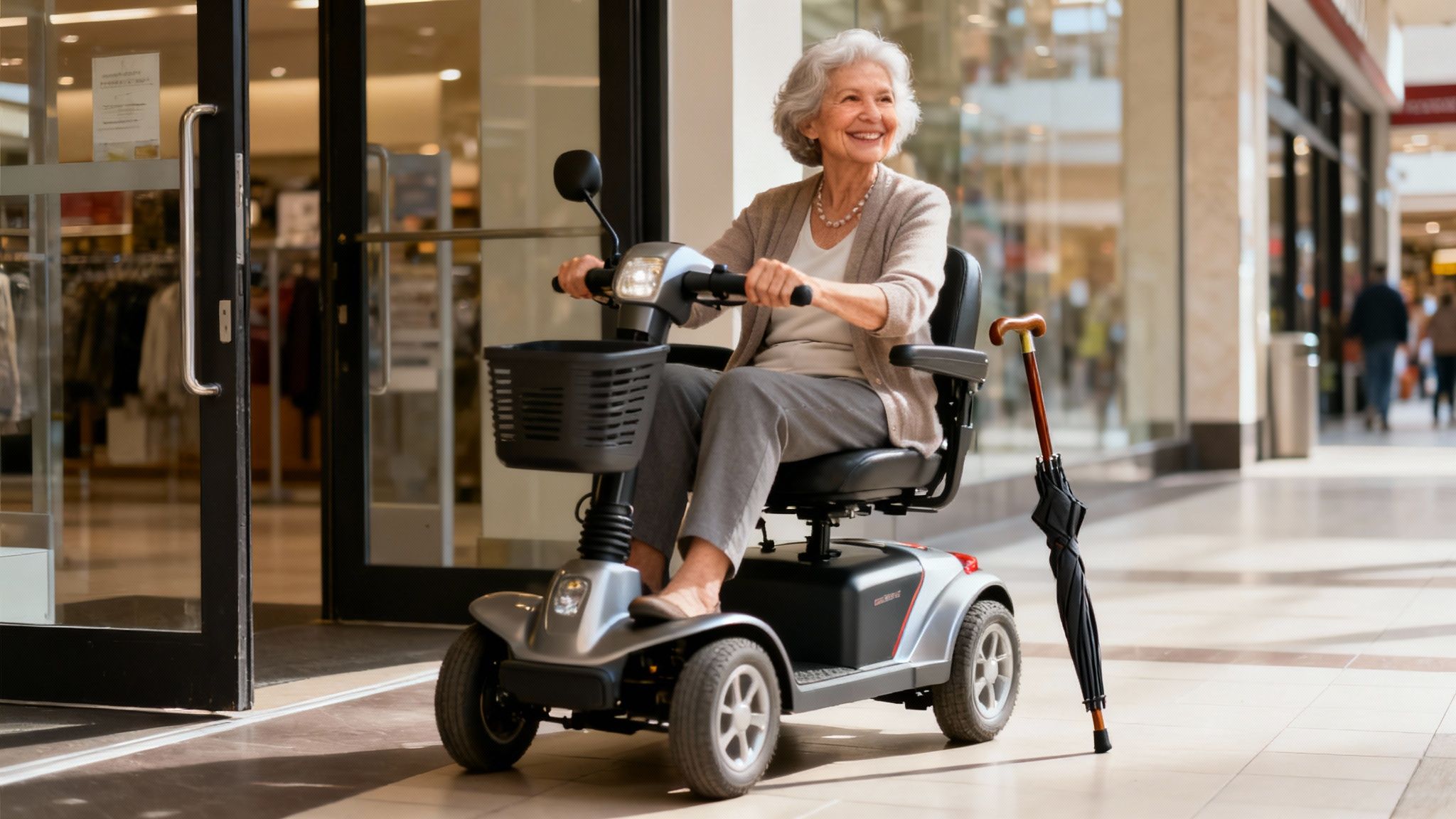 Senior woman smiling while riding mobility scooter through indoor shopping mall corridor