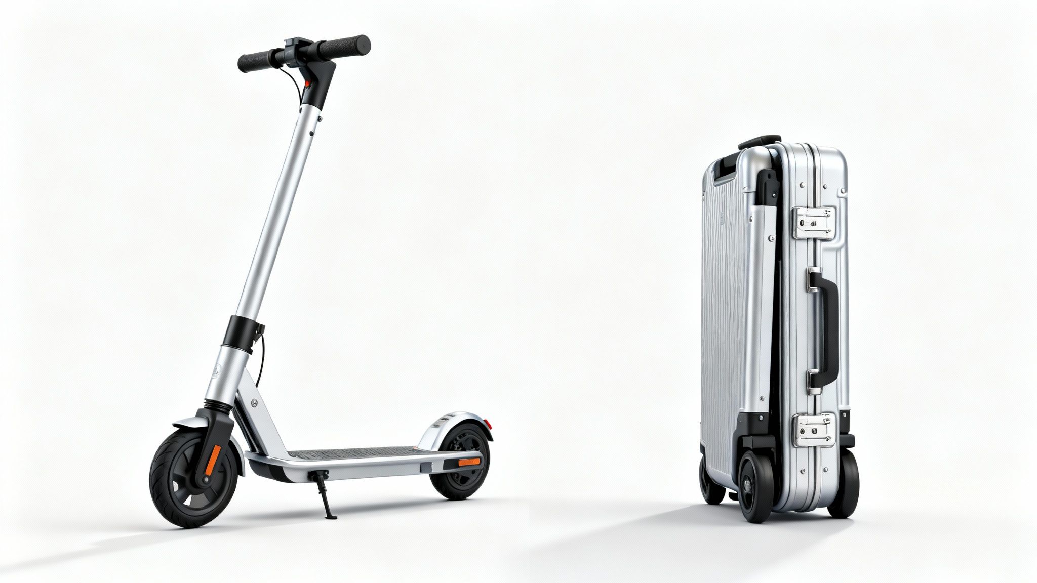A sleek silver electric scooter stands next to a matching silver suitcase on a white background.
