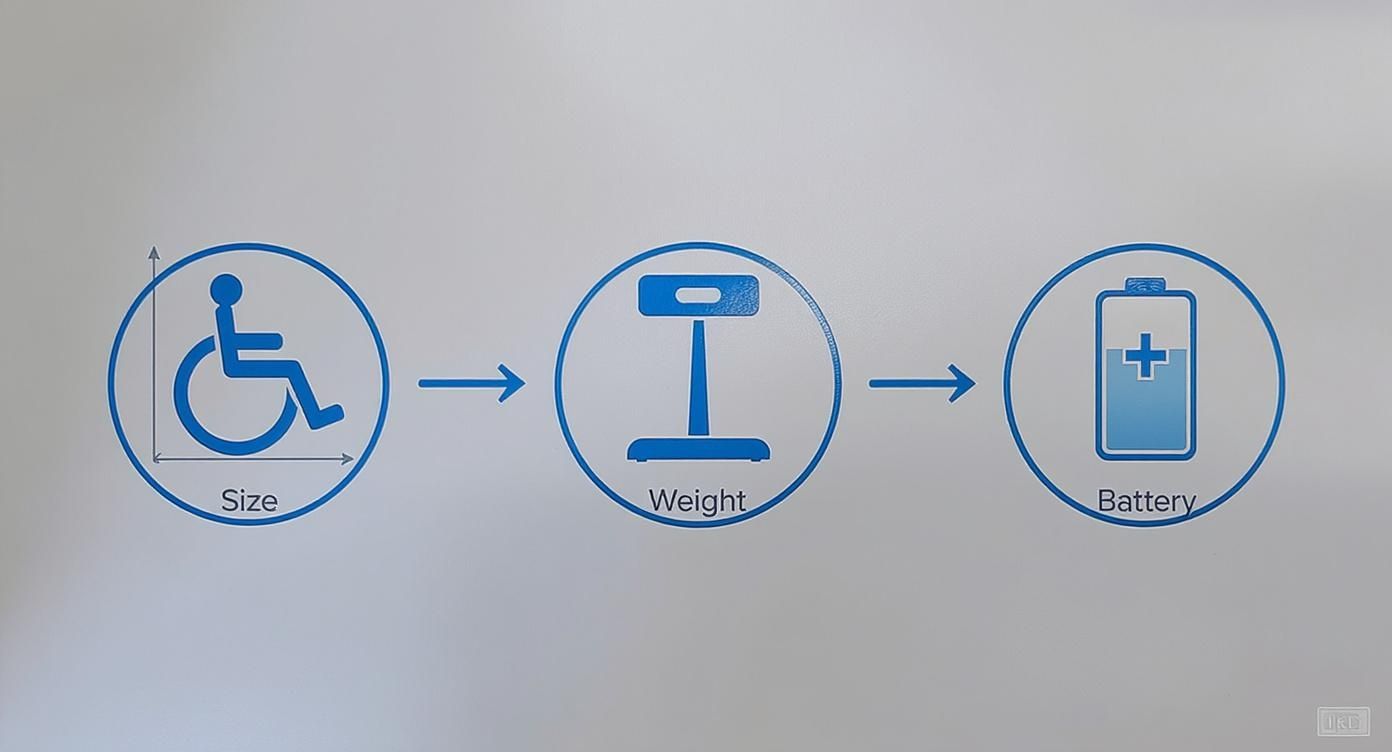 Blue icons showing size (wheelchair), weight (scale), and battery, illustrating electric wheelchair considerations.