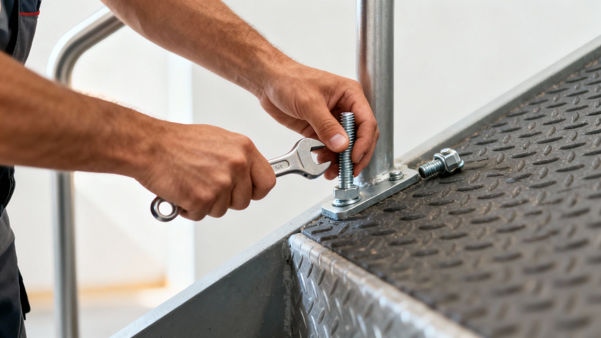 Close-up of hands using a wrench to tighten a bolt on a metal structure, possibly a ramp or railing.