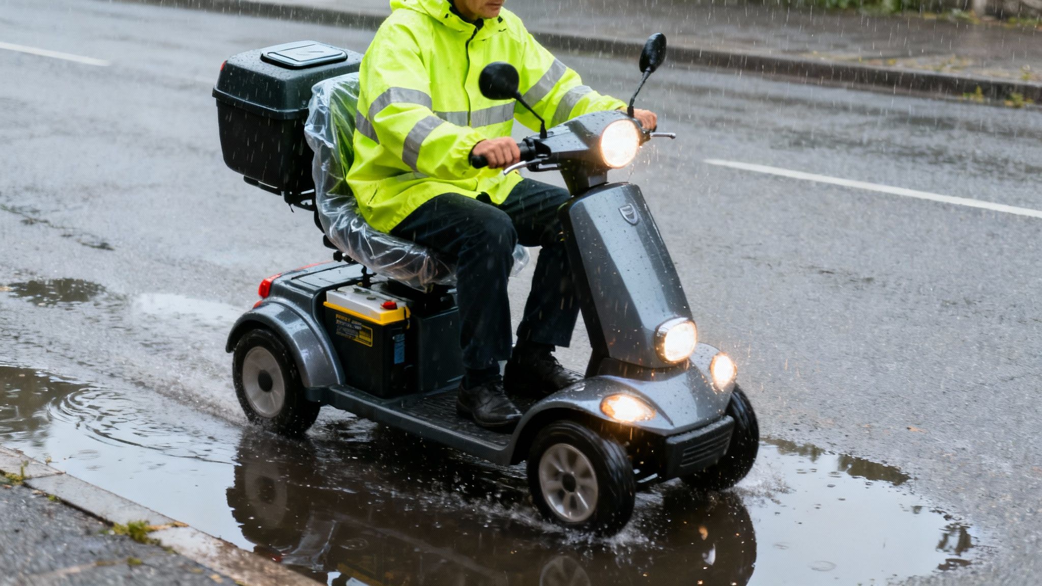 Person riding mobility scooter through puddle in heavy rain wearing high visibility jacket