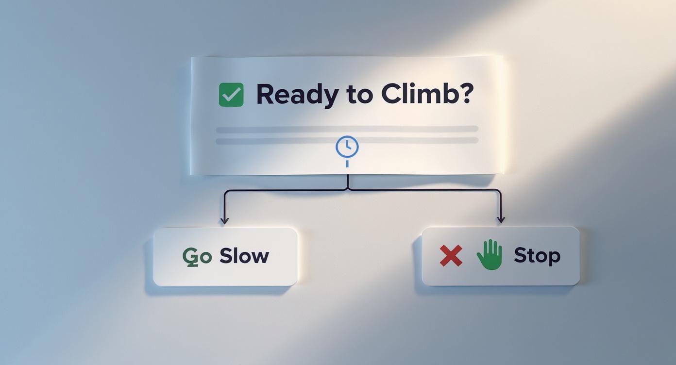 Decision flowchart showing ready to climb question with go slow and stop safety options