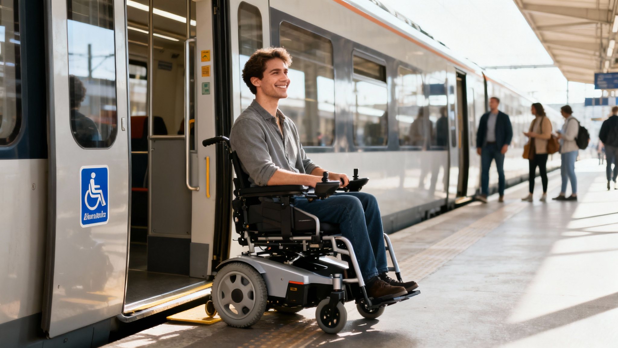 A smiling young man in a power wheelchair prepares to board a train with an accessible ramp.