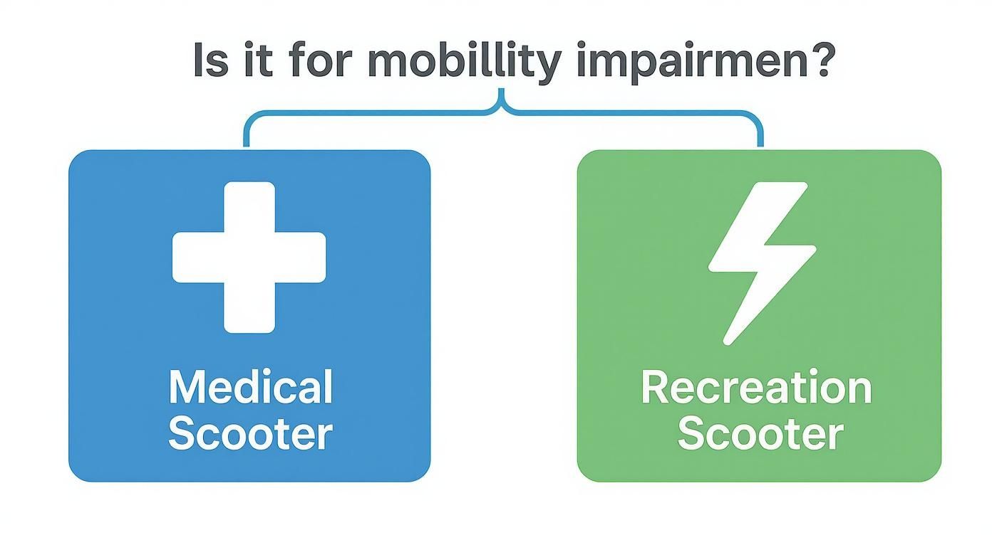 Infographic showing two scooter types: medical scooter with cross icon and recreation scooter with lightning bolt