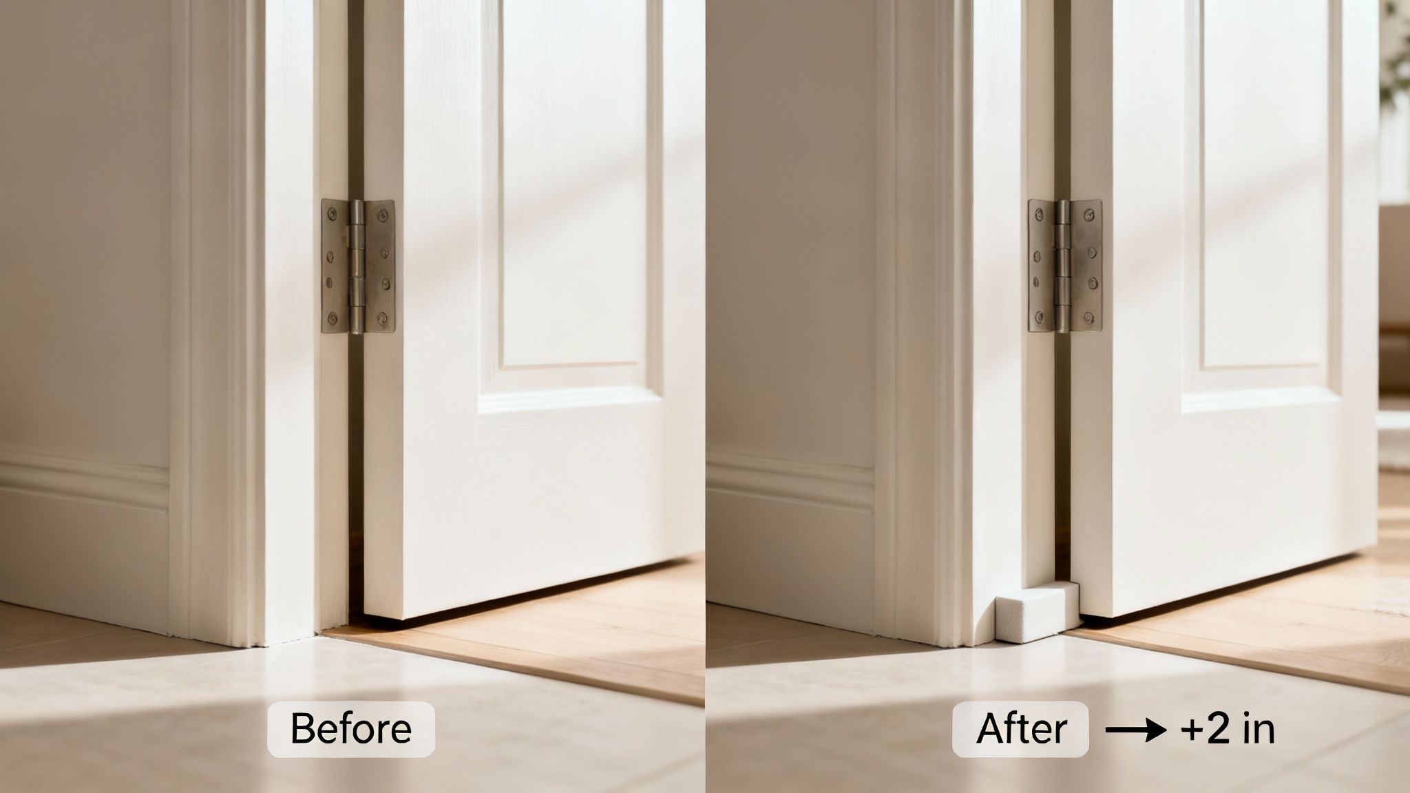 A side-by-side comparison of a standard doorway before and after being widened by 2 inches for improved access.
