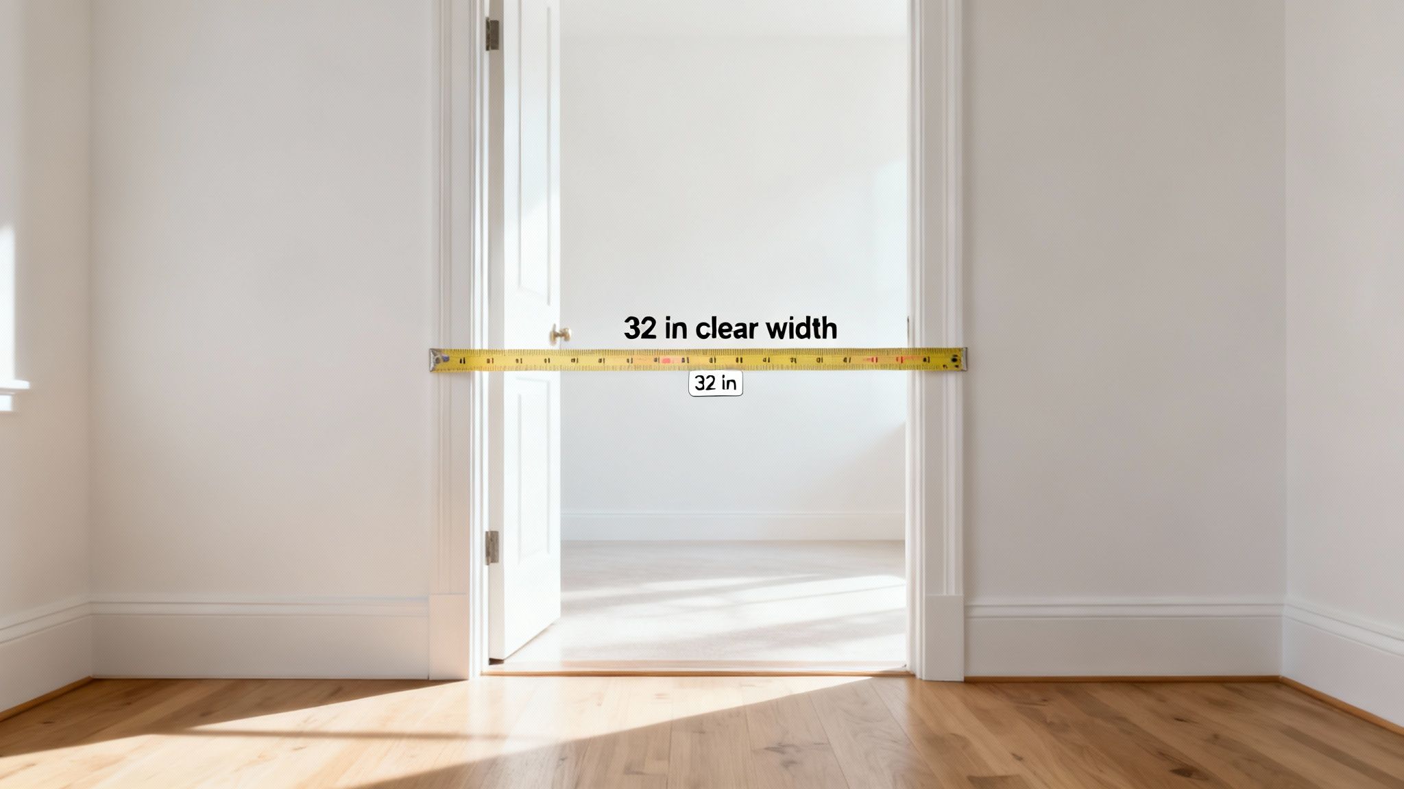 A tape measure spans a doorway, showing a 32-inch clear width for accessibility.