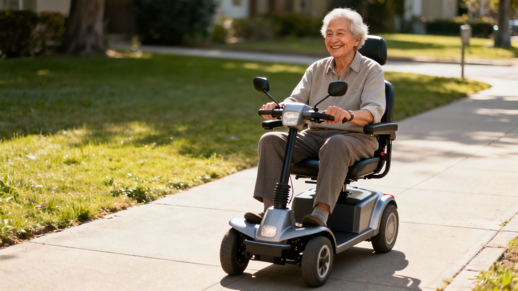 Senior woman smiling while riding mobility scooter on neighborhood sidewalk on sunny day