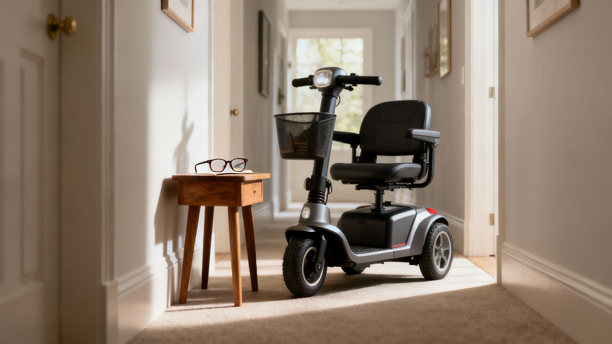 Modern mobility scooter parked in bright residential hallway with wooden side table and glasses