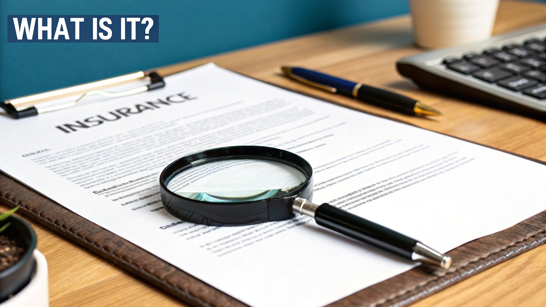 An image of a magnifying glass over an insurance policy with a pen highlighting a section of the policy.