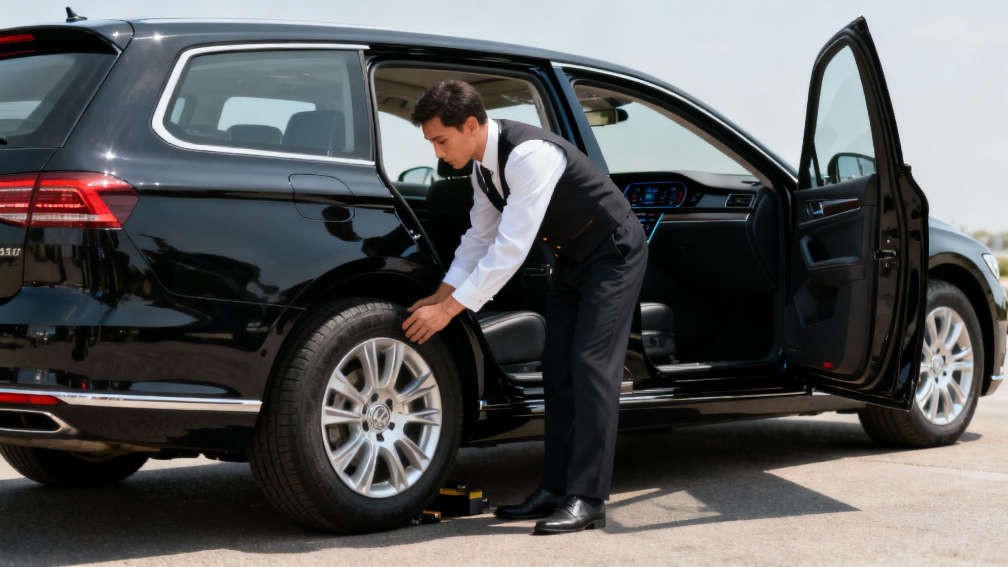 A professional chauffeur opening the door of a luxury car