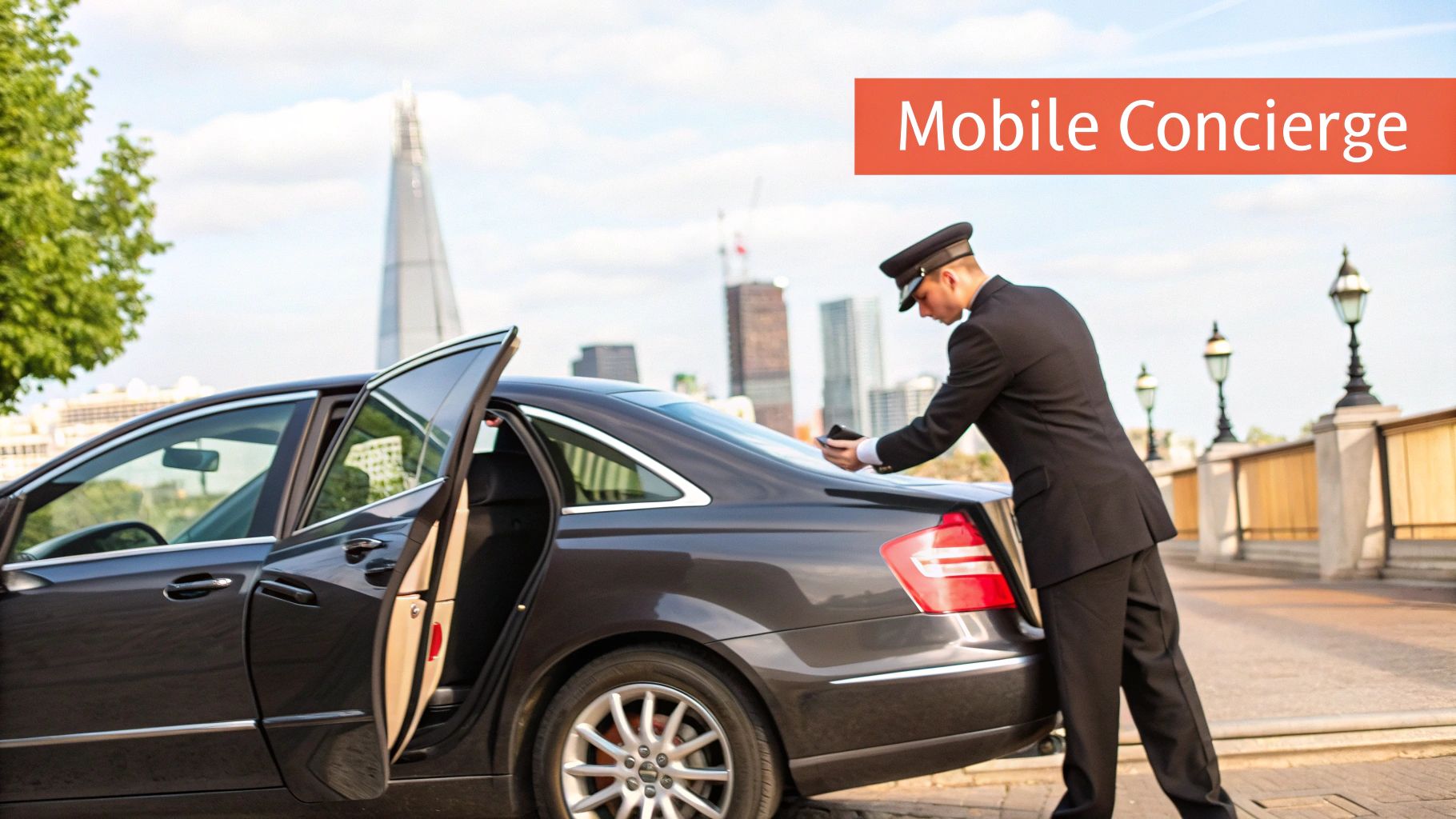 A professional chauffeur opening the door of a luxury black car in London