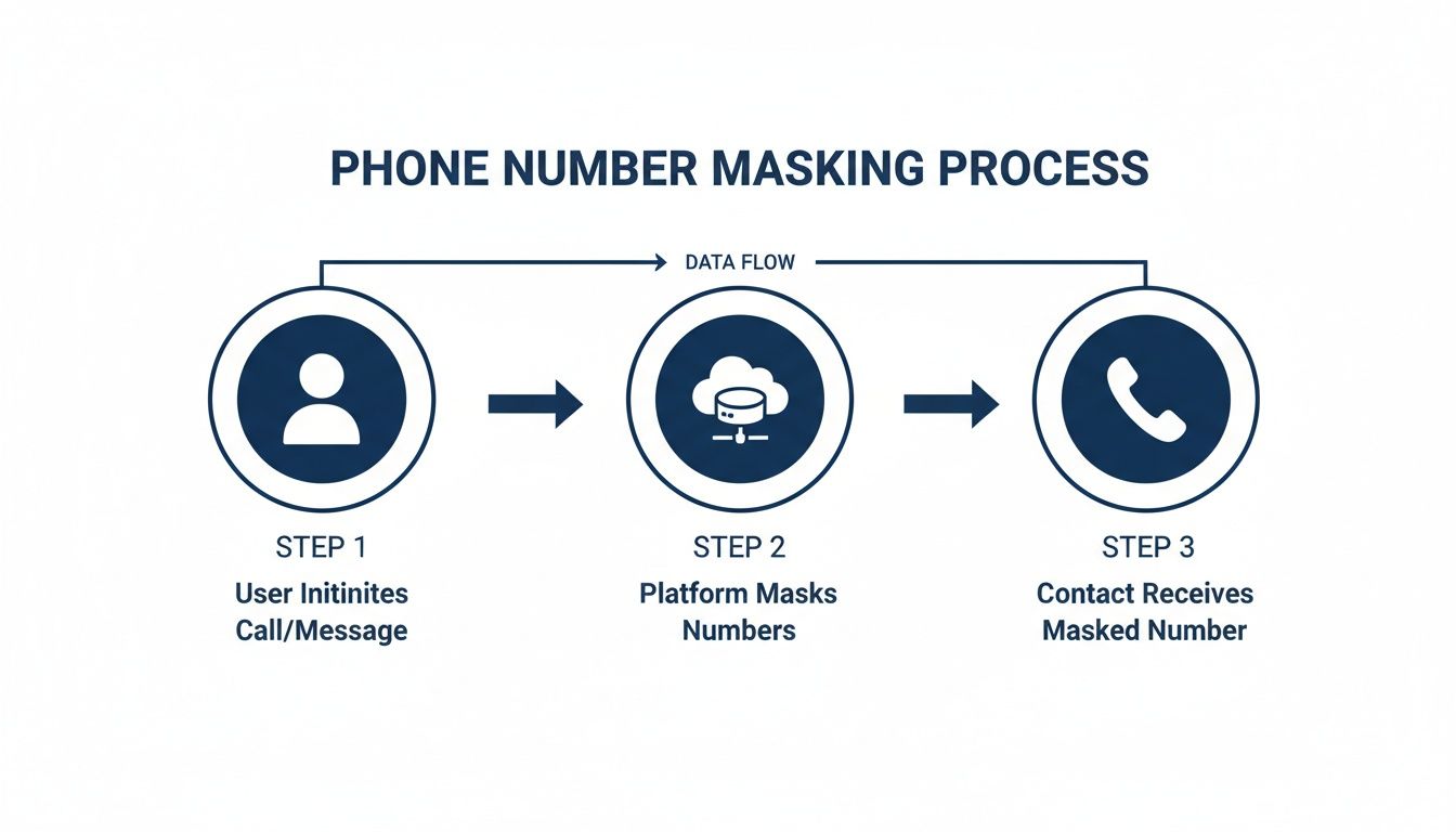 Diagram illustrating a three-step phone number masking process, from user initiation to masked number receipt.