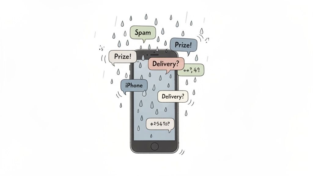 An iPhone is bombarded by spam text messages and notifications, depicted as speech bubbles with rain falling.