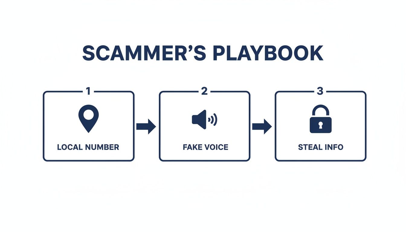A diagram illustrating a scammer's playbook, showing steps: local number, fake voice, and steal info.