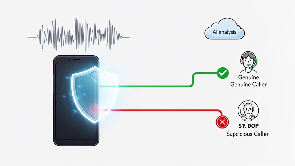 Smartphone security system uses AI to analyze audio, identifying genuine or suspicious callers.