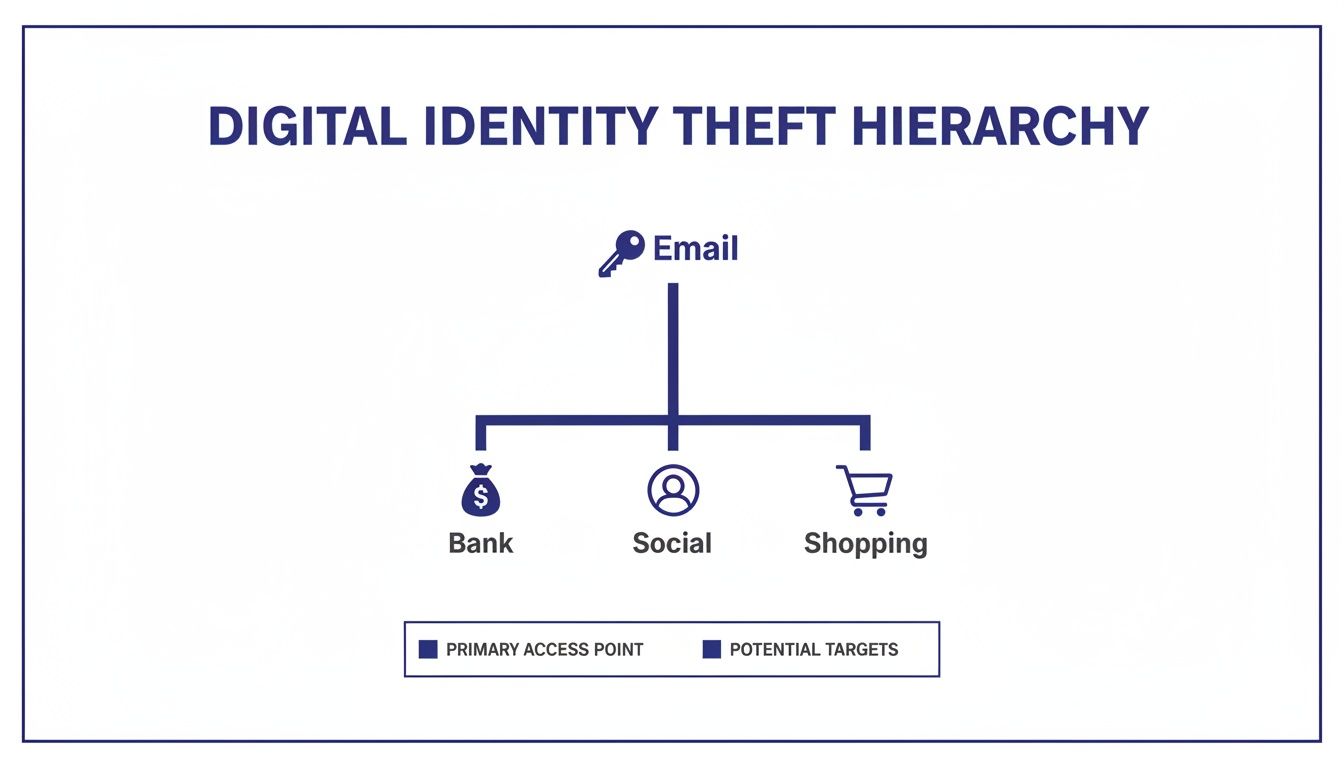 Diagram illustrating digital identity theft hierarchy with email as the primary access point to bank, social, and shopping accounts.