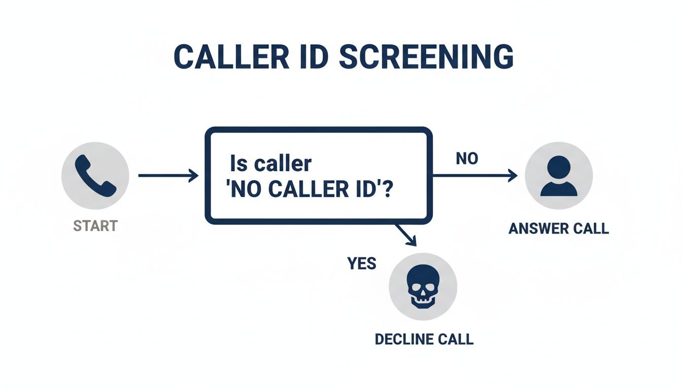Flowchart illustrating the caller ID screening process: answer calls with caller ID, decline calls from 'no caller ID'.