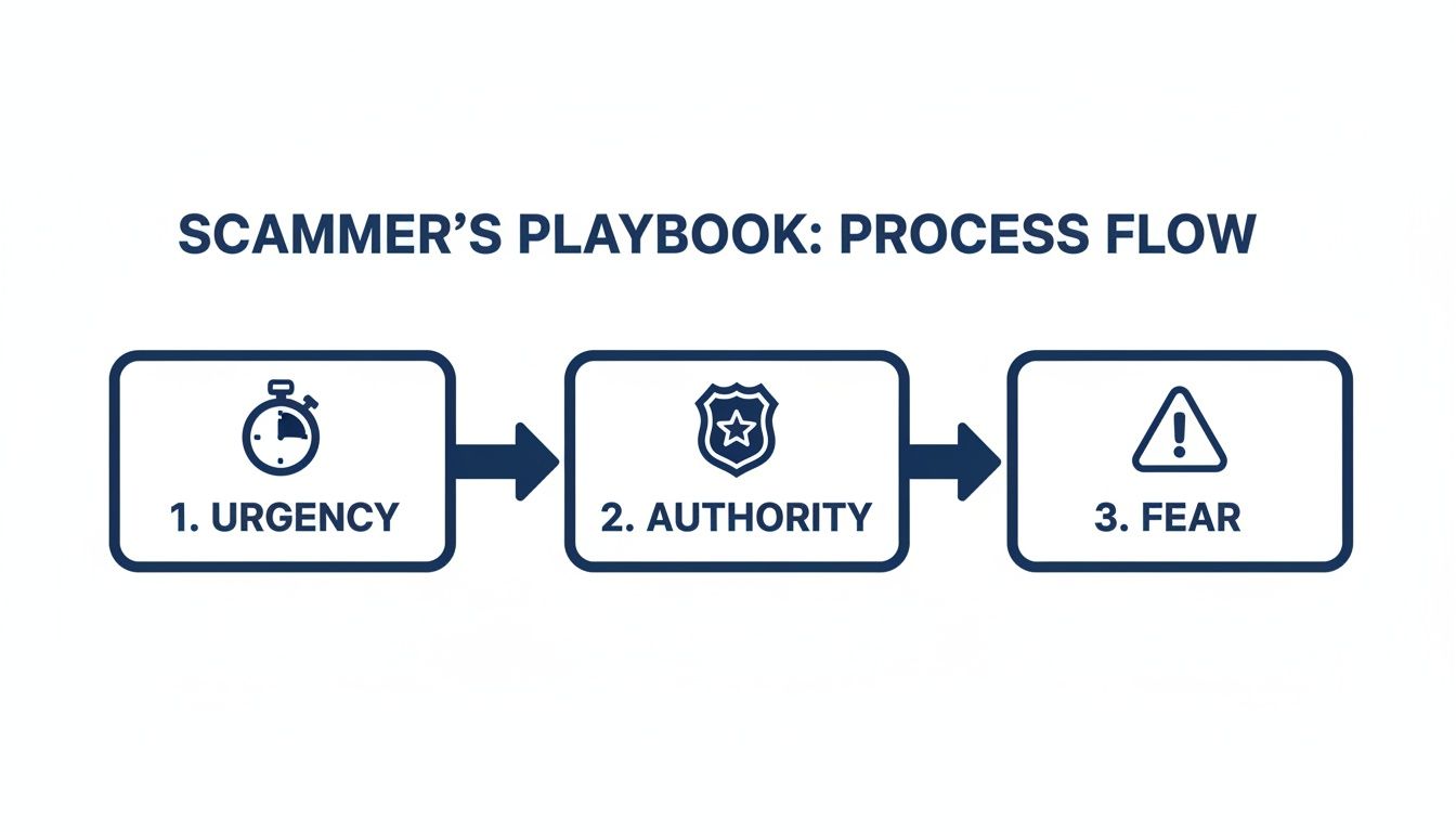 A diagram illustrating a scammer's playbook process flow with steps: urgency, authority, and fear.