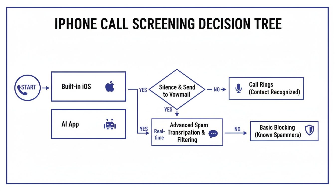Flowchart illustrating the iPhone call screening decision tree, including built-in iOS and AI app processes.