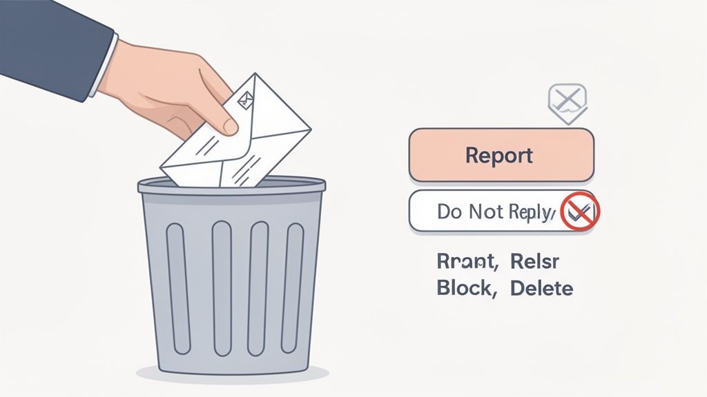 A hand drops an email into a trash can, with options to report, not reply, block, or delete spam.
