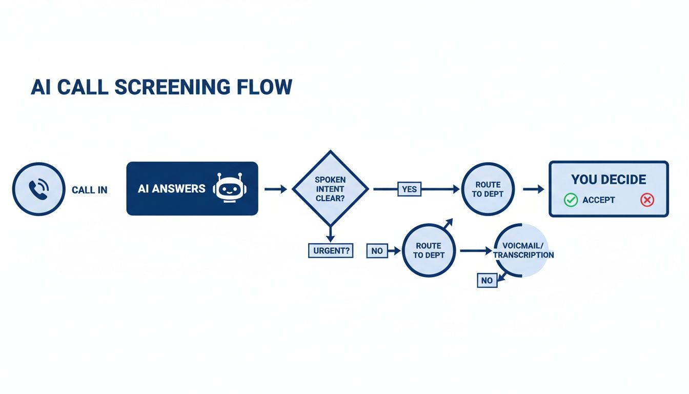 Flowchart detailing an AI call screening process, from call in to routing or voicemail.