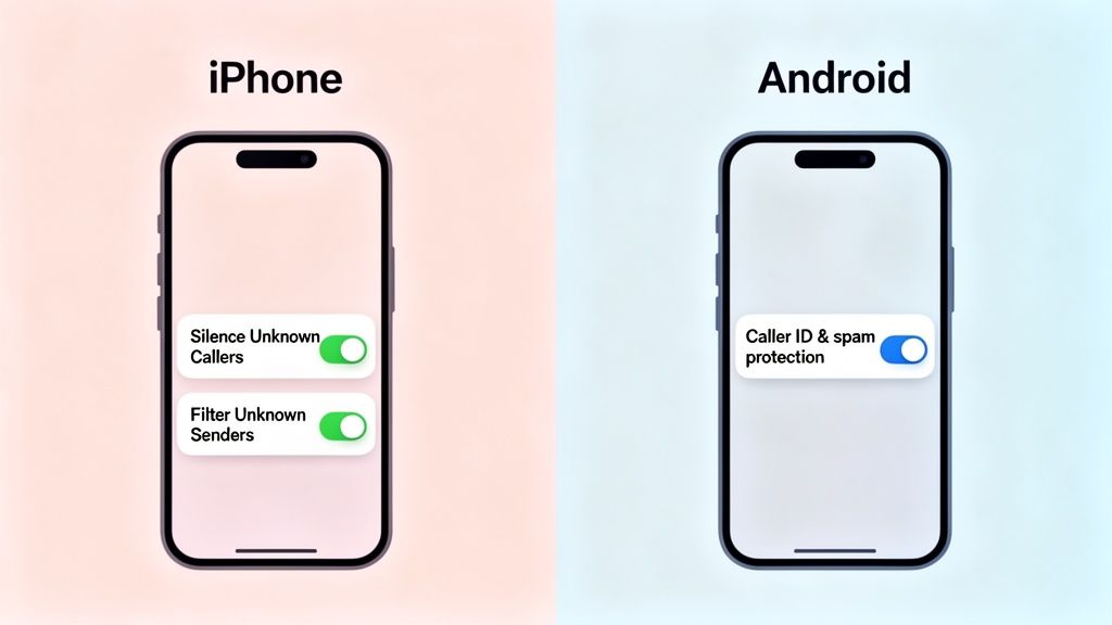 iPhone and Android phones displaying settings for silencing unknown callers and spam protection.